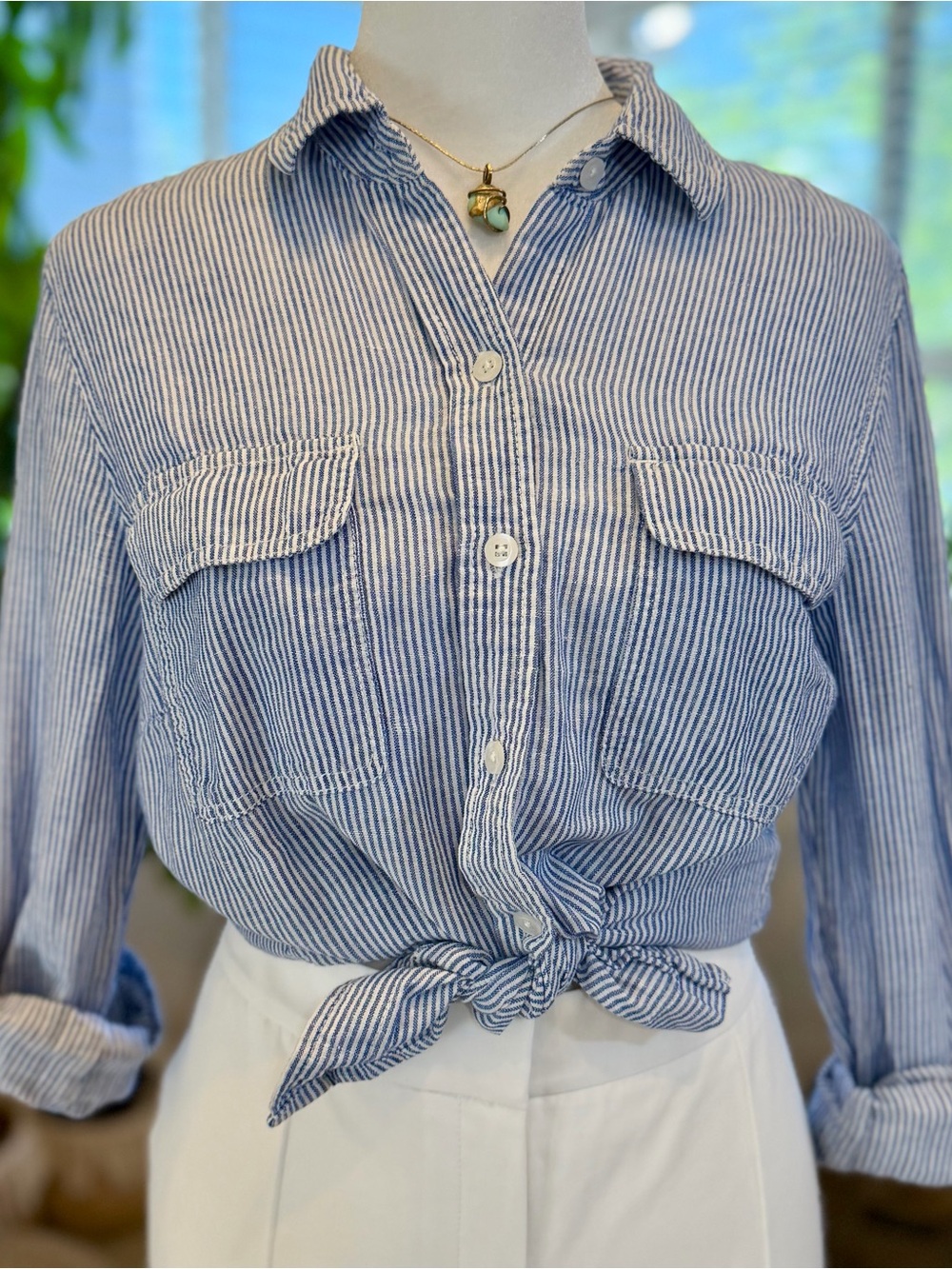 Kenar Linen Cotton Coastal Heritage Blue White Striped Button-Up Top Shirt S